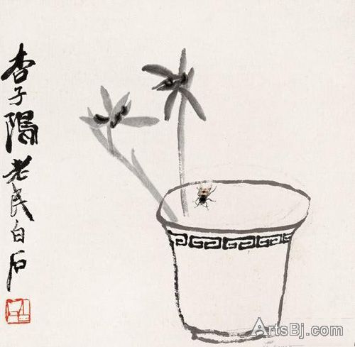 齐白石 花卉草虫之兰草蜜蜂图 1954年作